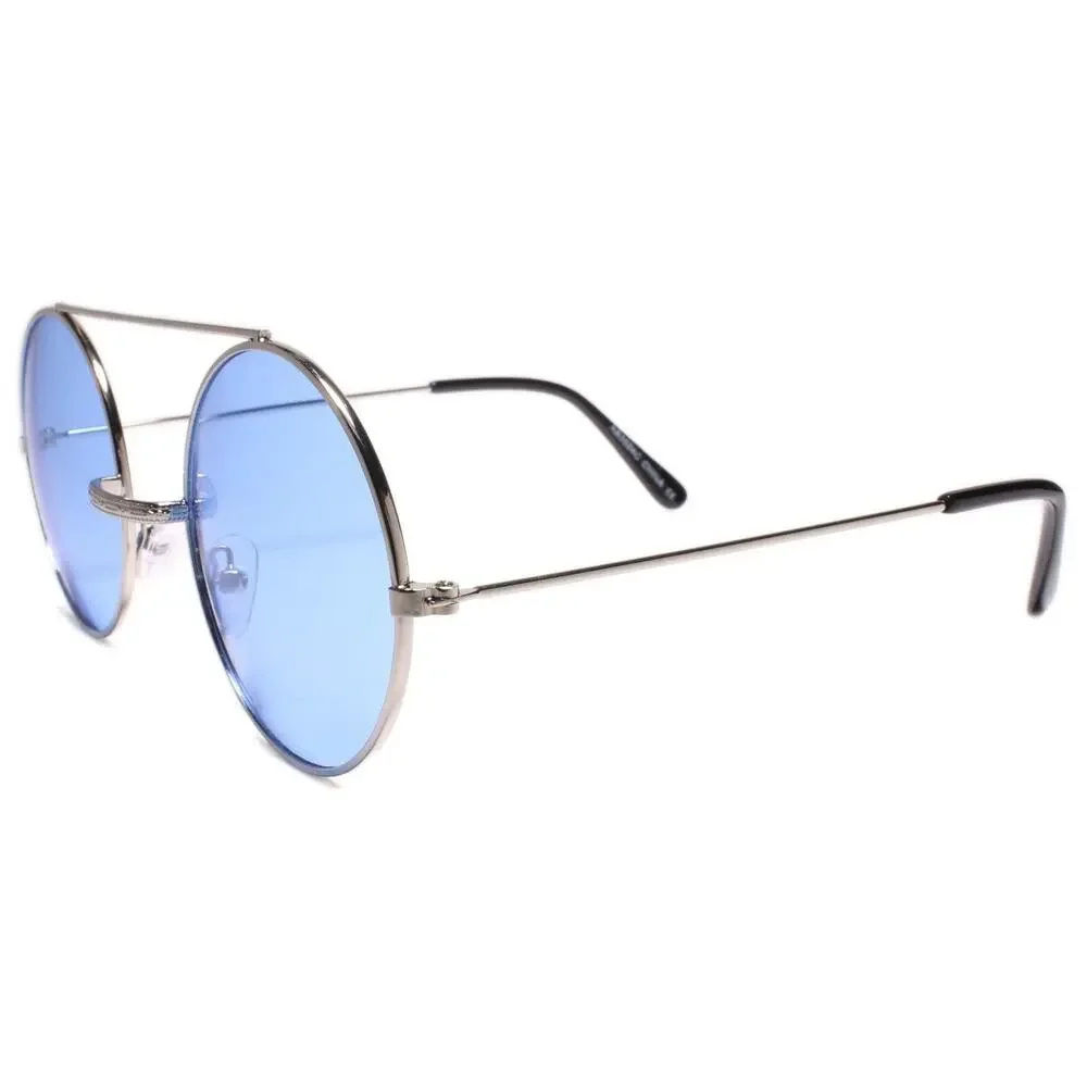 Men Classic Retro Hip Style Sunglasses Round w/ Brow Bar Silver Frame Blue Lens
